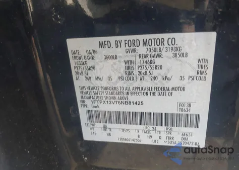 2006 Ford F-150 Lariat/Xl/Xlt z USA, uszkodzony, nr VIN 1FTPX12V76NB81425